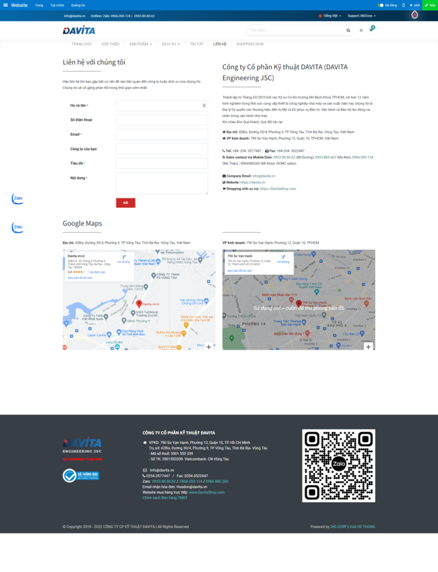 Thiết kế Website Công Ty Cổ Phần Kỹ Thuật DAVITA - Liên Hệ